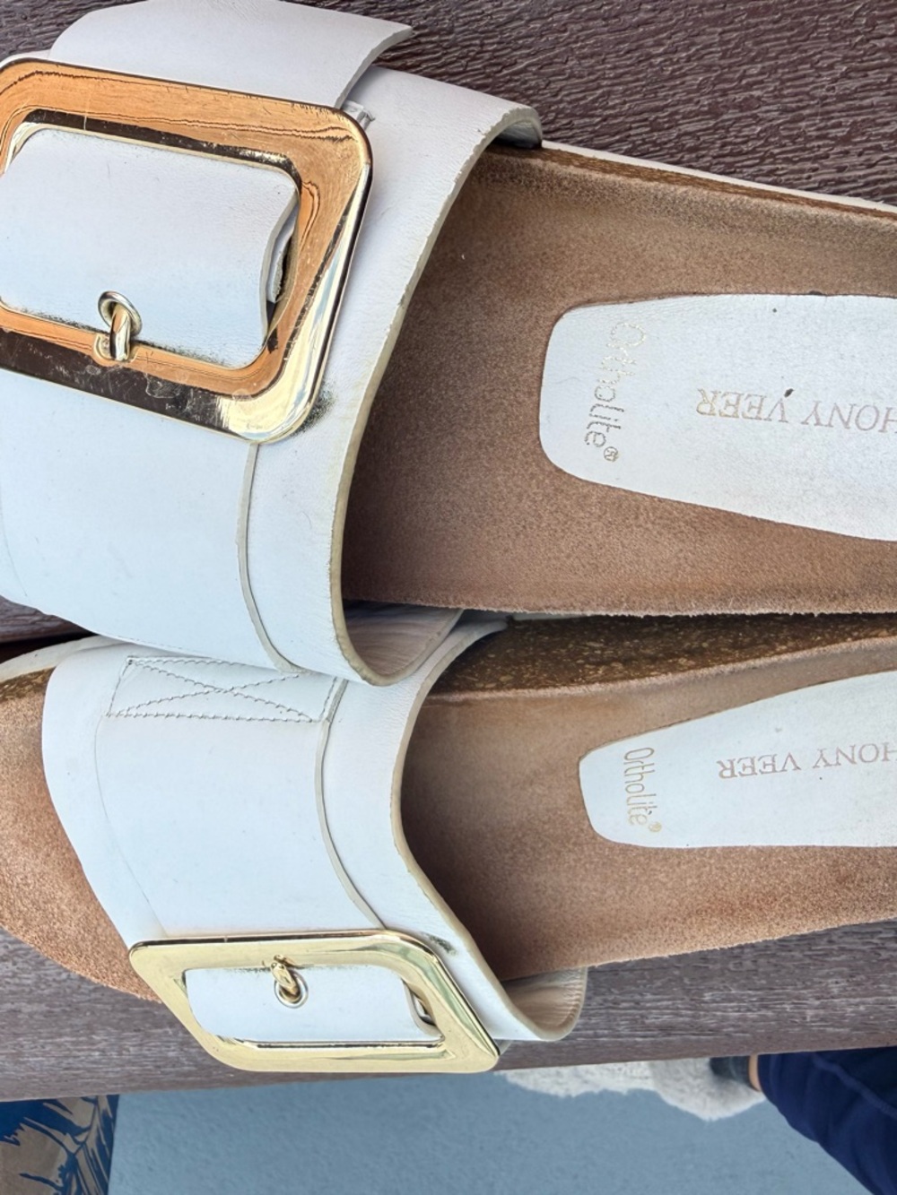 ANTHONY VERR Clare slide White Slide Sandals with Gold Buckle